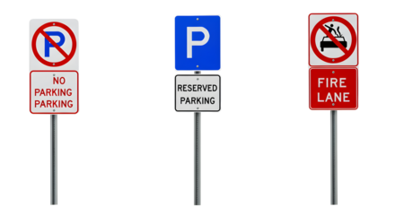 A set of 3 parking signs isolated on white background, transportation and traffic regulation symbols for car parking areas, driver guidance, urban navigation, road safety, and vehicle control concepts