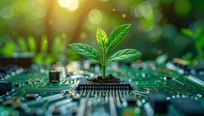 Tree growing on a computer circuit board. Green computing, Green technology, Green IT, CSR, and IT ethics. Concept of green technology. Environment green technology