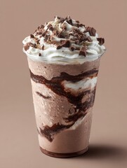 Chocolate frappe in a clear cup, topped with whipped cream and chocolate shavings, against a muted brown background.  The drink shows a swirl of chocolate sauce