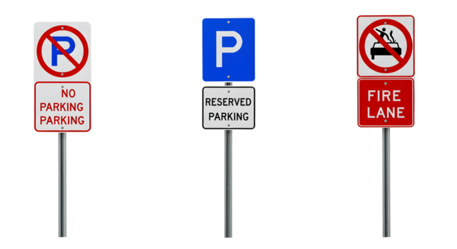 A set of 3 parking signs isolated on white background, transportation and traffic regulation symbols for car parking areas, driver guidance, urban navigation, road safety, and vehicle control concepts