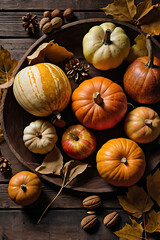 Cozy autumn composition on a wooden table with gifts of nature: colorful pumpkins, apples, pears