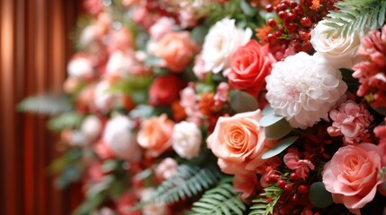 A stunning floral wall arrangement featuring a variety of roses, dahlias, and blooms in warm hues, celebrating beauty and elegance in floral artistry, perfect for events.
