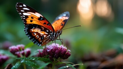 Obraz premium A stunning close-up of a colorful butterfly resting on a vibrant purple flower, surrounded by softly blurred greenery, showcasing the beauty of nature in detail.