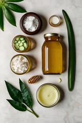Ingredients for making cosmetics or home care. Fresh cucumber, aloe vera leaf, jar of coconut oil, glass of honey