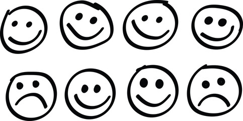 Hand-drawn smiley face icons are a playful doodle set of happy and sad expressions in simple black sketch style