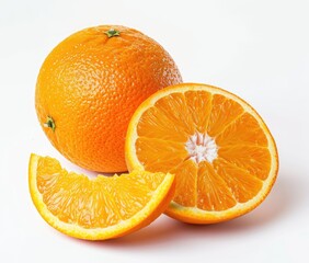 Citrus Fruit Orange Whole, Slice, Half, White BG. Diet, food advertising content