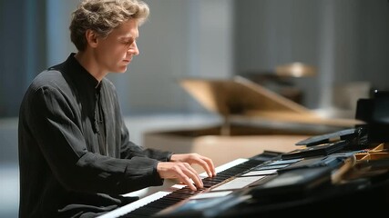 male pianist experimenting with electronic keyboard and grand piano hybrid instruments innovative artistry three quarter wide angle cinematic color correction gentle backlight - Powered by Adobe