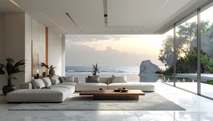 Modern interior features a large white sofa facing ocean view through expansive windows; a minimalist design with natural light