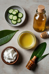 Ingredients for making cosmetics or home care. Fresh cucumber, aloe vera leaf, jar of coconut oil, glass of honey