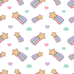 Seamless background with various objects stars clouds hearts and others