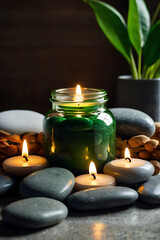 On the surface are smooth gray pebbles of various sizes, slender white candles and a glass jar with a gentle care cream