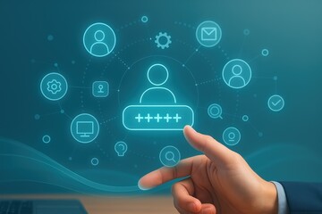 Digitized hand touching a glowing screen with a user profile interface and password symbols, representing secure access and digital security, set against a blurred turquoise background, implying...