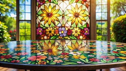 Fototapeta premium A vibrant floral table, reflecting a stunning stained-glass window, sits in a sunlit garden room, creating a serene and colorful atmosphere.