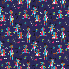 Seamless Halloween pattern with voodoo dolls pins and stitched hearts vector