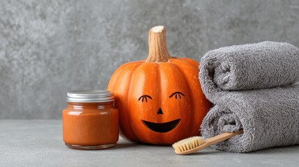 Spooky Spa Delight: Halloween Pumpkin Dressed with Towel, False Eyelashes, and a Jar of Cosmetic Clay Mask
