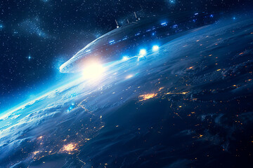 Oval UFO saucer hovering over beautiful landscape in deep dramatic sky