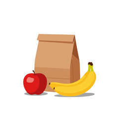 Brown paper lunch bag with a red apple and a bunch of yellow bananas. This is a healthy snack.