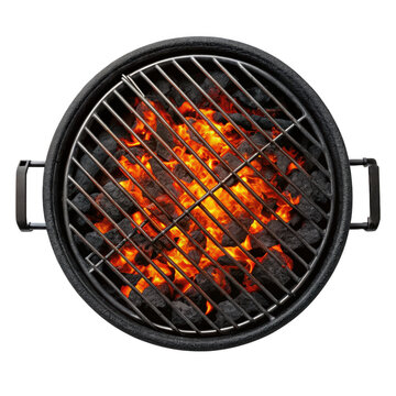 Top view of a burning charcoal grill isolated on transparent background