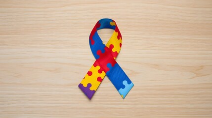 World Autism awareness and pride day or month with Puzzle pattern ribbon on blue wooden background.