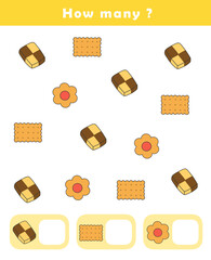 How many counting game with cute cookies illustration. Learning numbers worksheets for preschool and kindergarten. Counting educational children game. Math kids activity sheet.