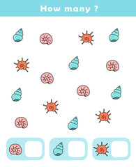 How many counting game with cute seashells illustration. Counting educational children game. Math kids activity sheet.