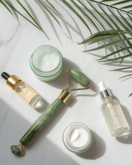 Flat lay composition showcasing skincare. On a white background, there are clear and white jars of creams