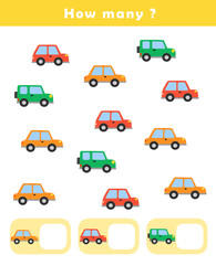Naklejka premium How many counting game with cute cars illustration. Counting educational children game. Math kids activity sheet.