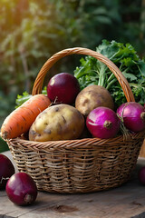 A wicker basket filled with fresh vegetables - potatoes, carrots, beets and herbs - stands on a wooden table in the garden.