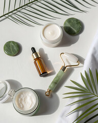 Flat lay composition showcasing skincare. On a white background, there are clear and white jars of creams