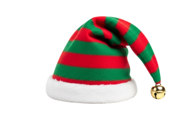 Red and green striped elf hat with bell isolated on transparent background, a festive christmas headwear