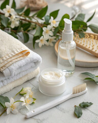 Gentle beauty routine "morning" in flat lay style: white toothbrush, bottle of facial tonic, jar of day cream