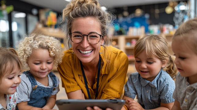 Portrait of smiling teacher with kids using digital tablet at school