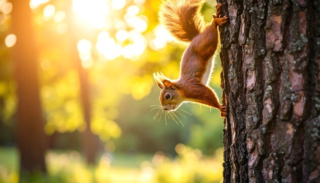 Red squirrel climbing tree trunk in sunlight