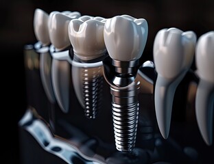 Close-up of a dental implant anchored within a model of a jaw, showcasing its integration with surrounding teeth.  The metallic implant contrasts against the pearly white teeth