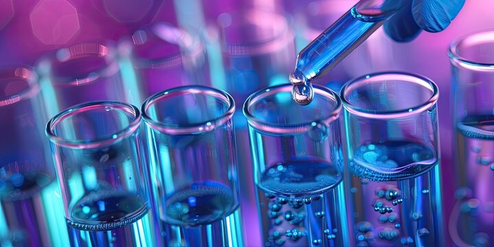 Close-up of a dropper adding blue liquid into several glass test tubes filled with the same substance, set against a blurred purple and teal background, possibly depicting a scientific experiment