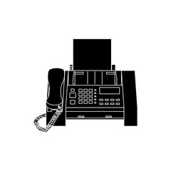 Black silhouette vector of a 1990s fax machine with handset and paper, showing retro office communication technology.