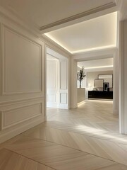 Fototapeta premium Bright hallway showcasing classic wall molding and herringbone floor