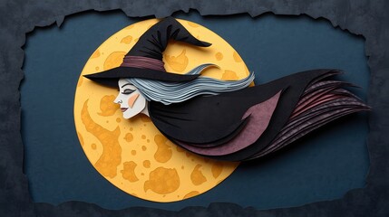 Layered Paper Cut Illustration of a Witch with Pointed Hat in Spooky Halloween Style