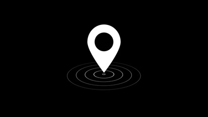 Simple white location pin icon with radiating ripple effect on a dark background
