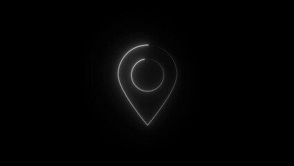 Glowing neon location pin icon on a dark black background symbolizing navigation and digital mapping