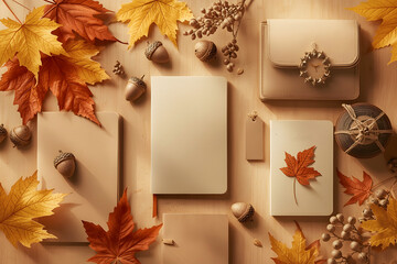 Stylized Flatlay of Autumn-Themed Stationery Featuring Leaves, Warm Colors, and Seasonal Decorative Supplies for Creative Design Projects
