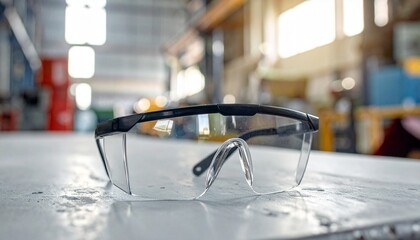 Describe clear safety glasses with black frames on a workbench in an industrial setting. Highlight their protective design, workplace relevance, and importance in environments with potential hazards.