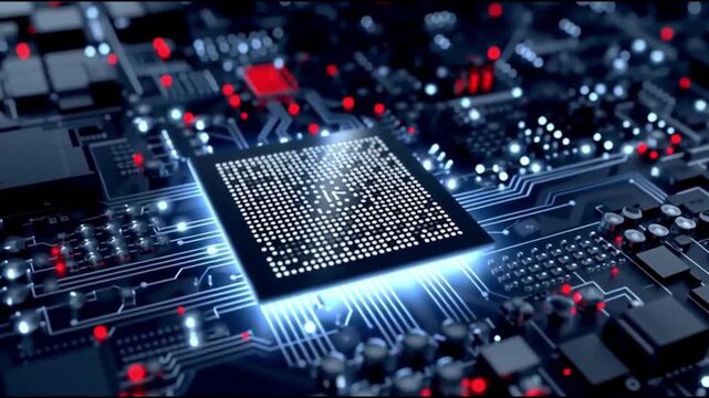 Next Gen CPU. Microarchitecture. RISC-V. Nanotechnology. Chiplet design. ARM processors. Close-up of a microchip on a circuit board with glowing lights.