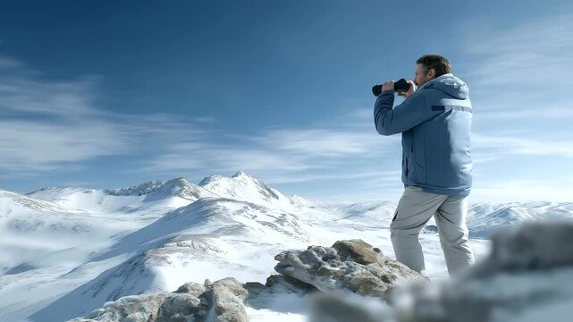 male plein air painter capturing snowy mountain peaks on canvas crisp cold air boots crunching authenticity three quarter wide angle cinematic color correction gentle backlight