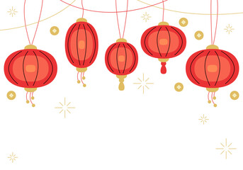 Chinese Lunar 2025 new year. Chinese lanterns. Chinese background. Holiday Chinese banner. Red, gold design