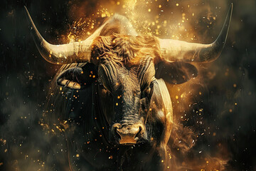 Concept of Taurus zodiac sign symbol, abstract vivid composition consists of fictional unreal fantastic vision on background