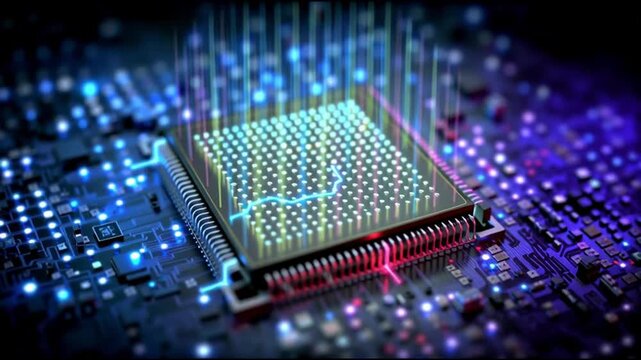 Next Gen CPU. Microarchitecture. RISC-V. Nanotechnology. Chiplet design. ARM processors. A vibrant close-up of a computer chip with glowing circuitry.