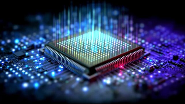 Next Gen CPU. Microarchitecture. RISC-V. Nanotechnology. Chiplet design. ARM processors. A vibrant close-up of a microchip with glowing lights.