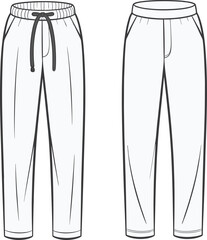 Two pants fashion illustration, elastic waistband jogger design, tapered leg trousers sketch, vector line art, casual clothing apparel technical drawing