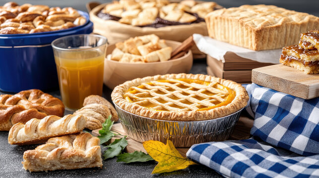 Autumn picnic composition with bakery items and drink arranged on table creating warm and inviting atmosphere for outdoor enjoyment